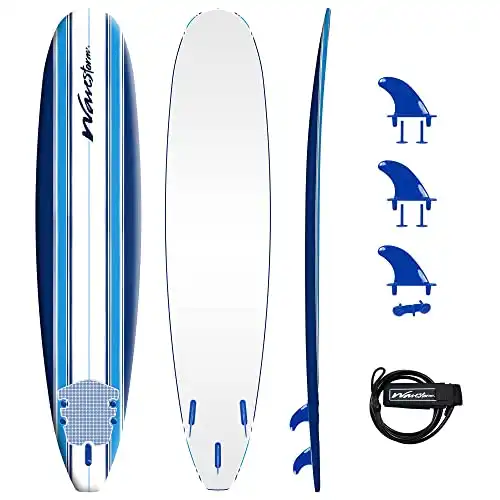 Wave Storm - Classic Soft Top Foam 9ft Surfboard for Beginners. Includes Leash and Fins.